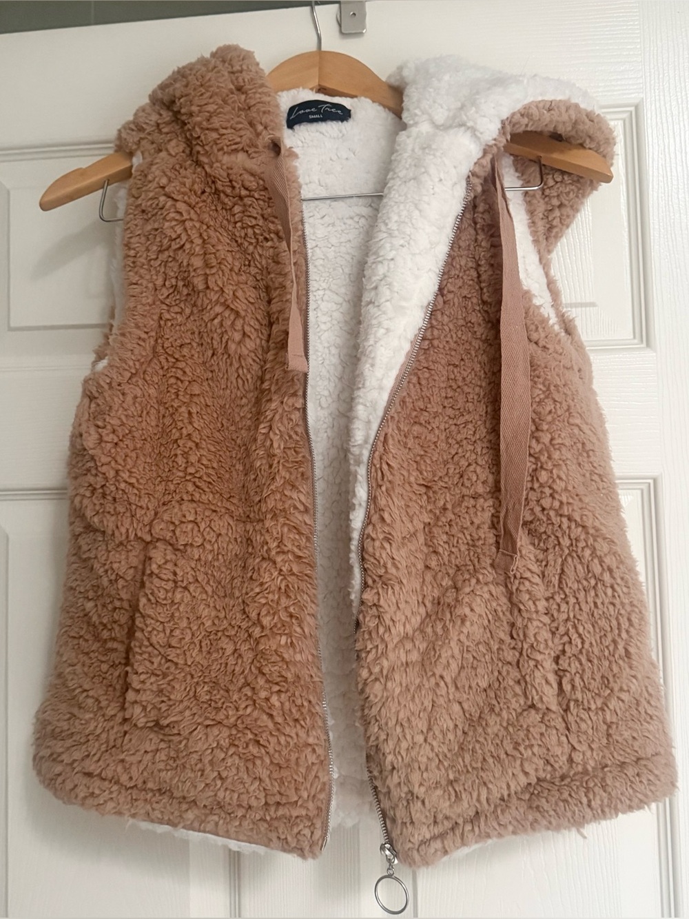 Cozy, Fuzzy Hooded Sleeveless Zipper ‘Teddy’ Vest - Tan with White Lining - S
